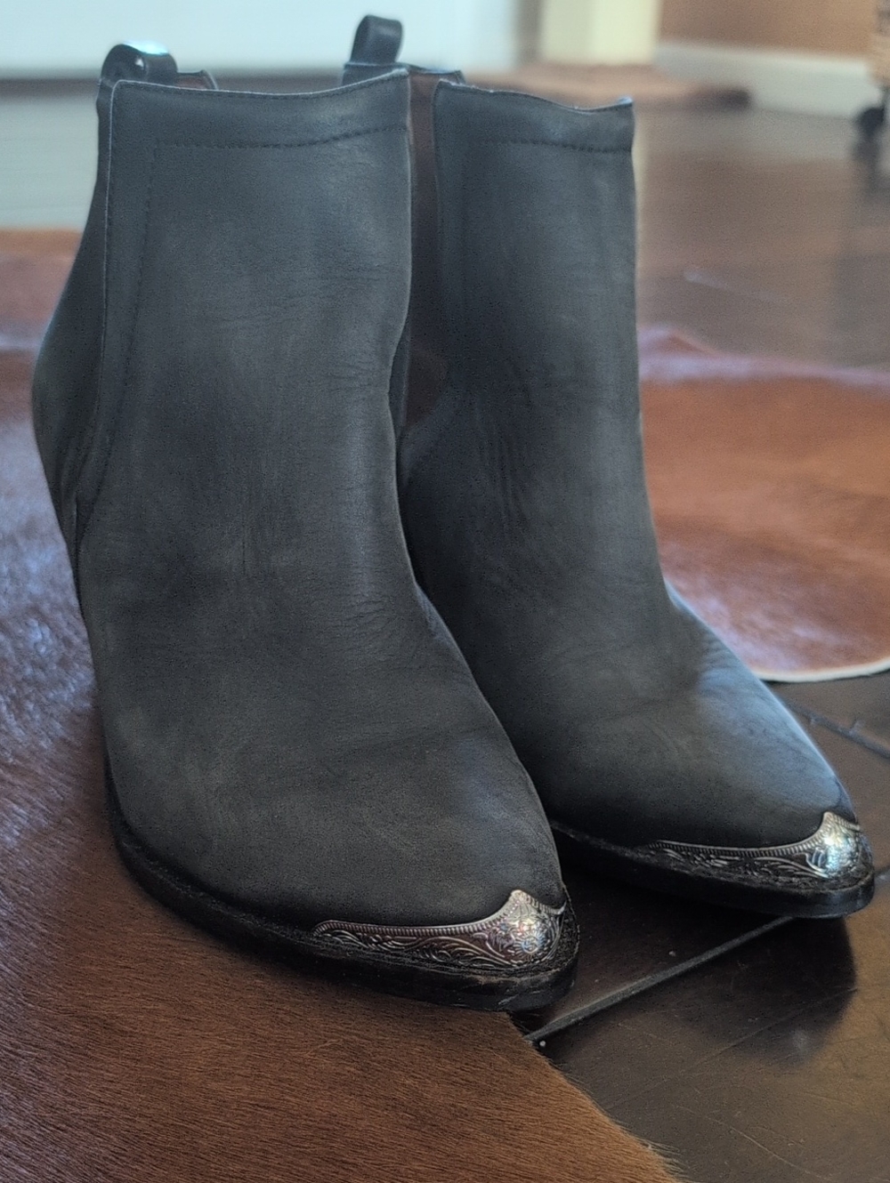 Jeffrey Campbell Slate Gray Leather Ankle Booties with Silver Toe & Heel Caps